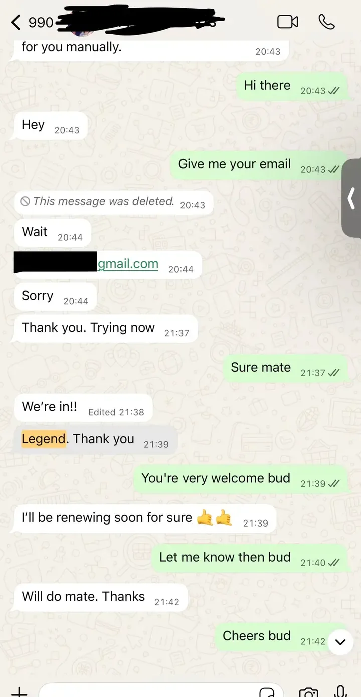 No stored card, no auto-renewal: Payment happens once, over WhatsApp. There is no saved card on this site to charge again.